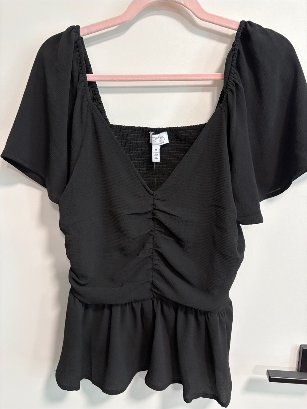 sofia by sofia vergara Black Ruched Peplum Blouse